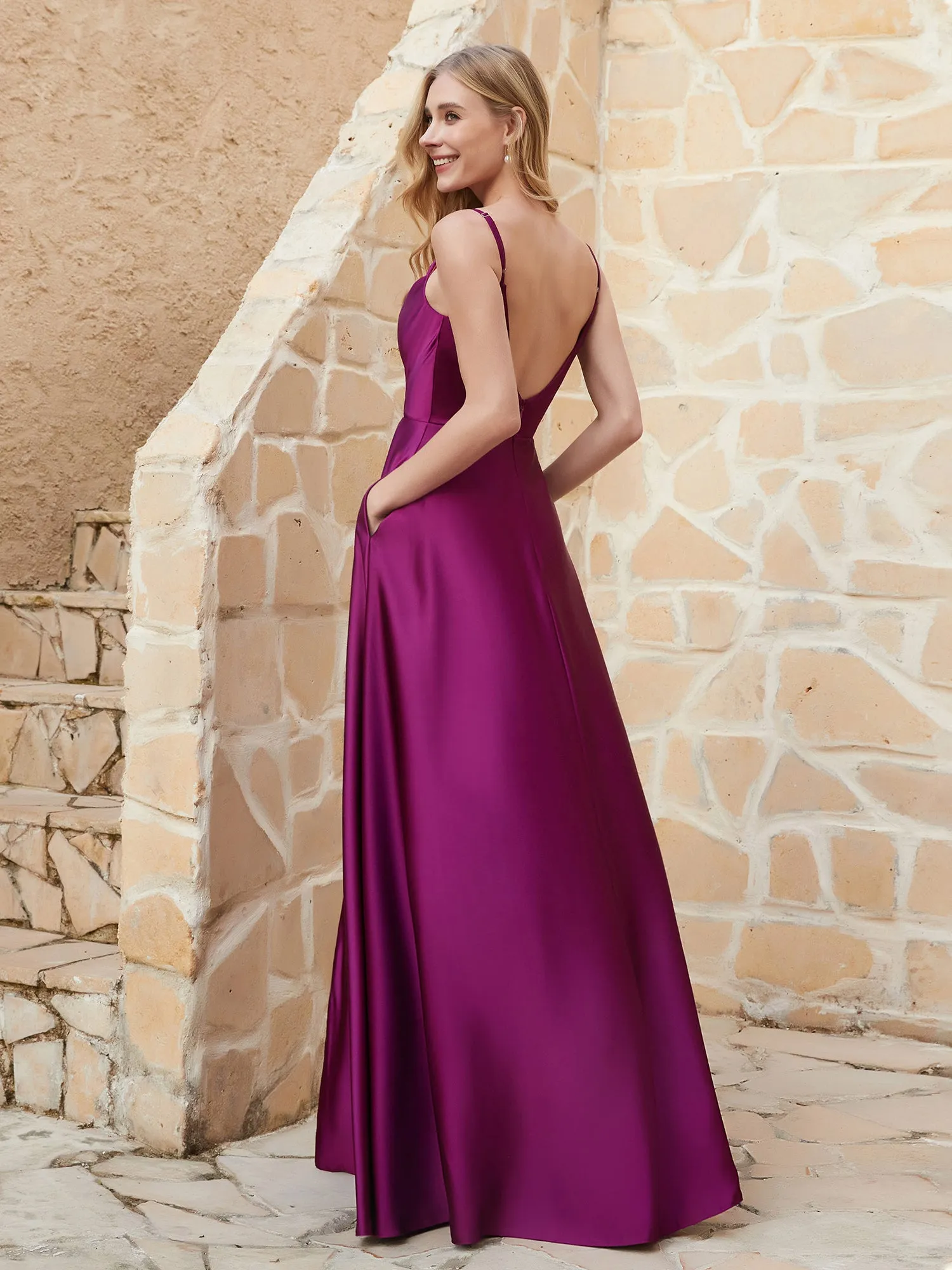 A Line Cowl Neck Satin Dress With Slit Orchid Plus Size