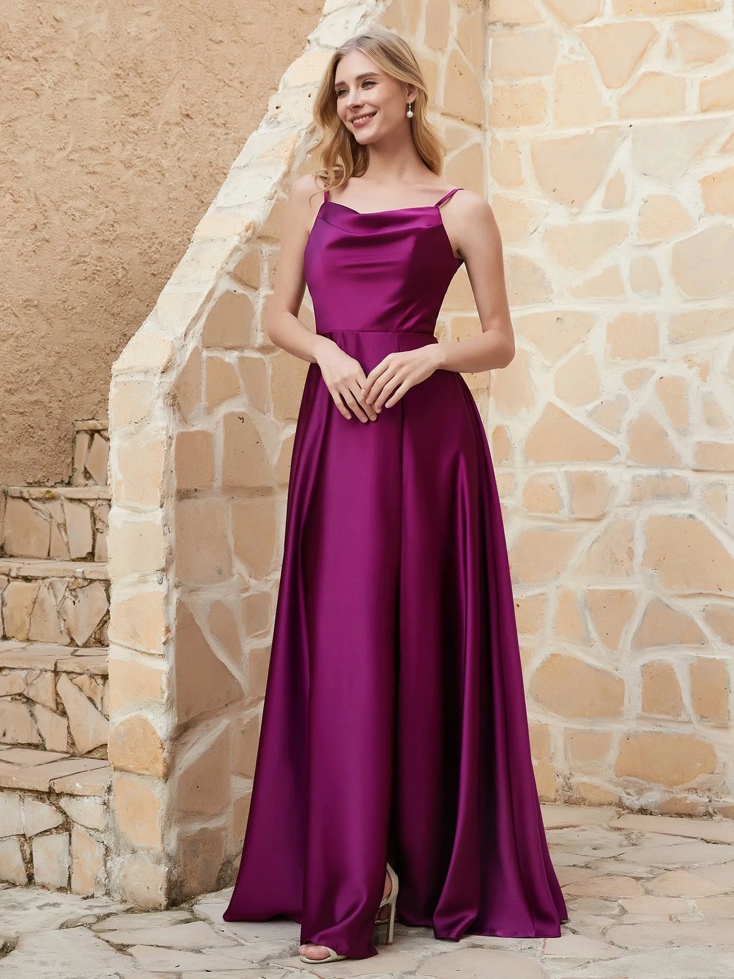 A Line Cowl Neck Satin Dress With Slit Orchid Plus Size