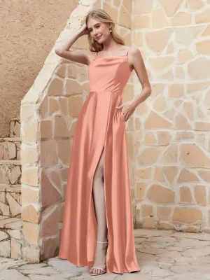 A Line Cowl Neck Satin Dress With Slit Papaya