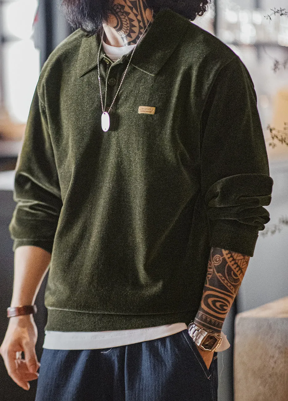 American Retro Chenille Half-Open Polo Loose Lapel Pullover Men's Sweater
