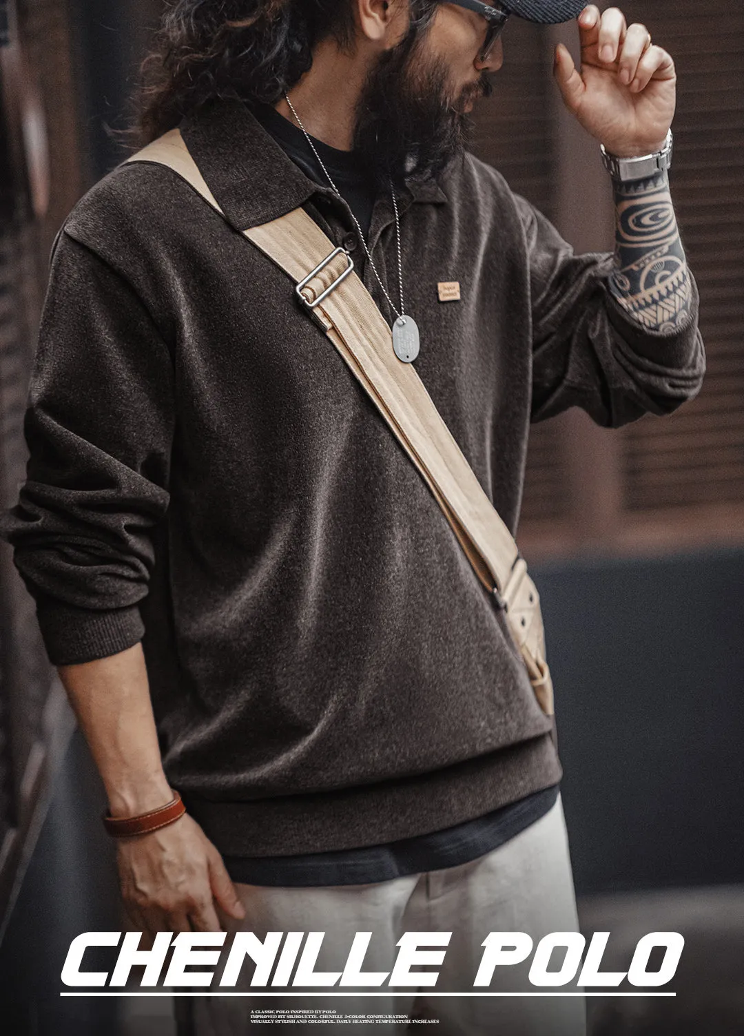 American Retro Chenille Half-Open Polo Loose Lapel Pullover Men's Sweater