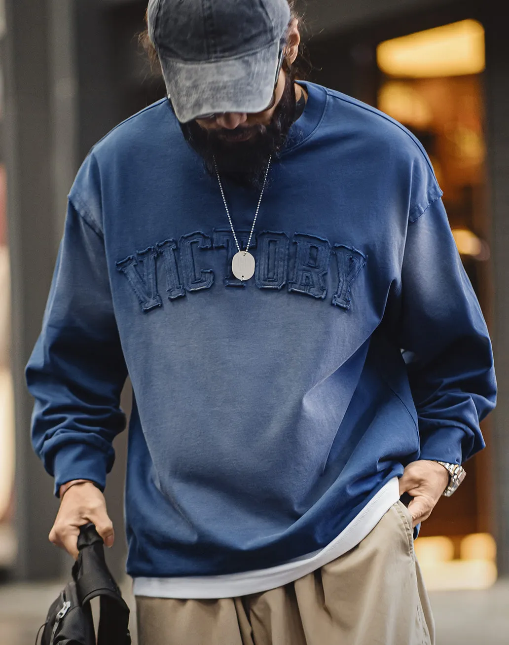 American Retro Letter Patch Gradient Color Washed Men's Sweater