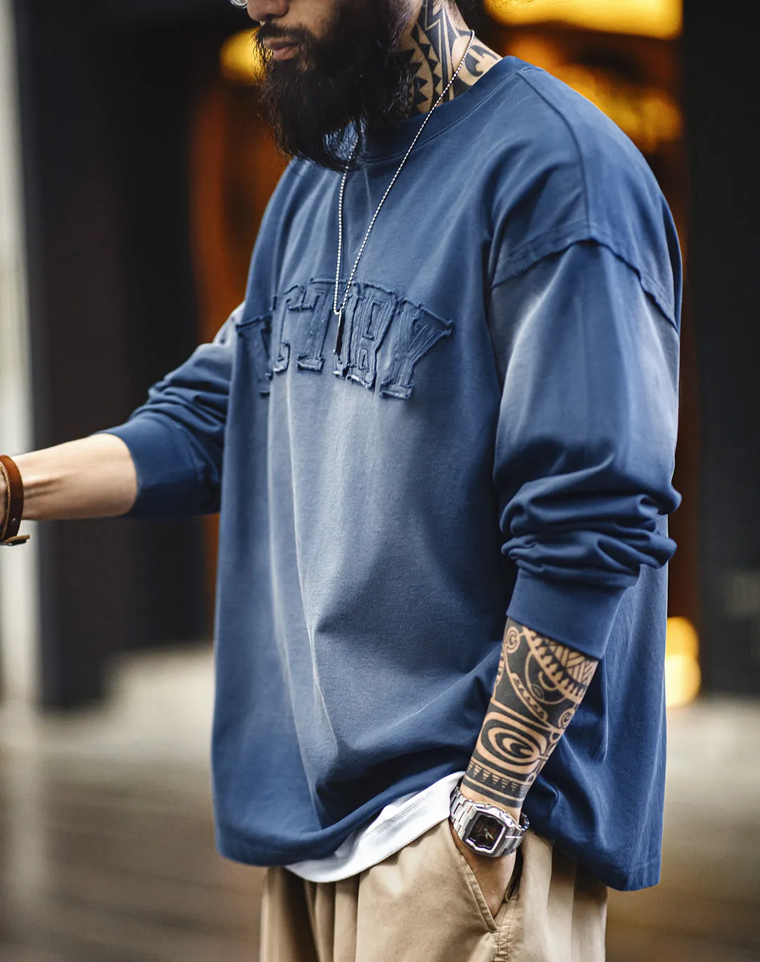 American Retro Letter Patch Gradient Color Washed Men's Sweater