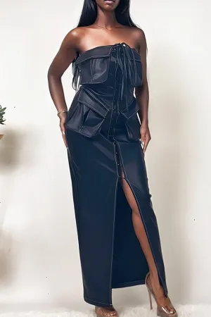 Athina Button Detailed PU Black Leather Dress