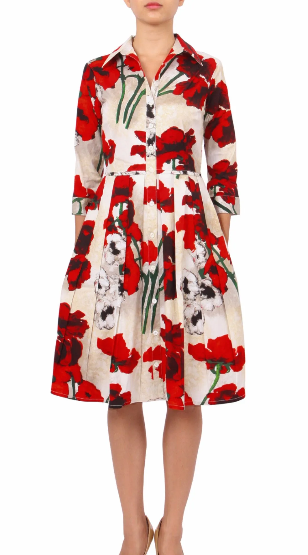 Audrey Dress Shirt Collar 3/4 Sleeve Regular Cotton Stretch (Poppy)