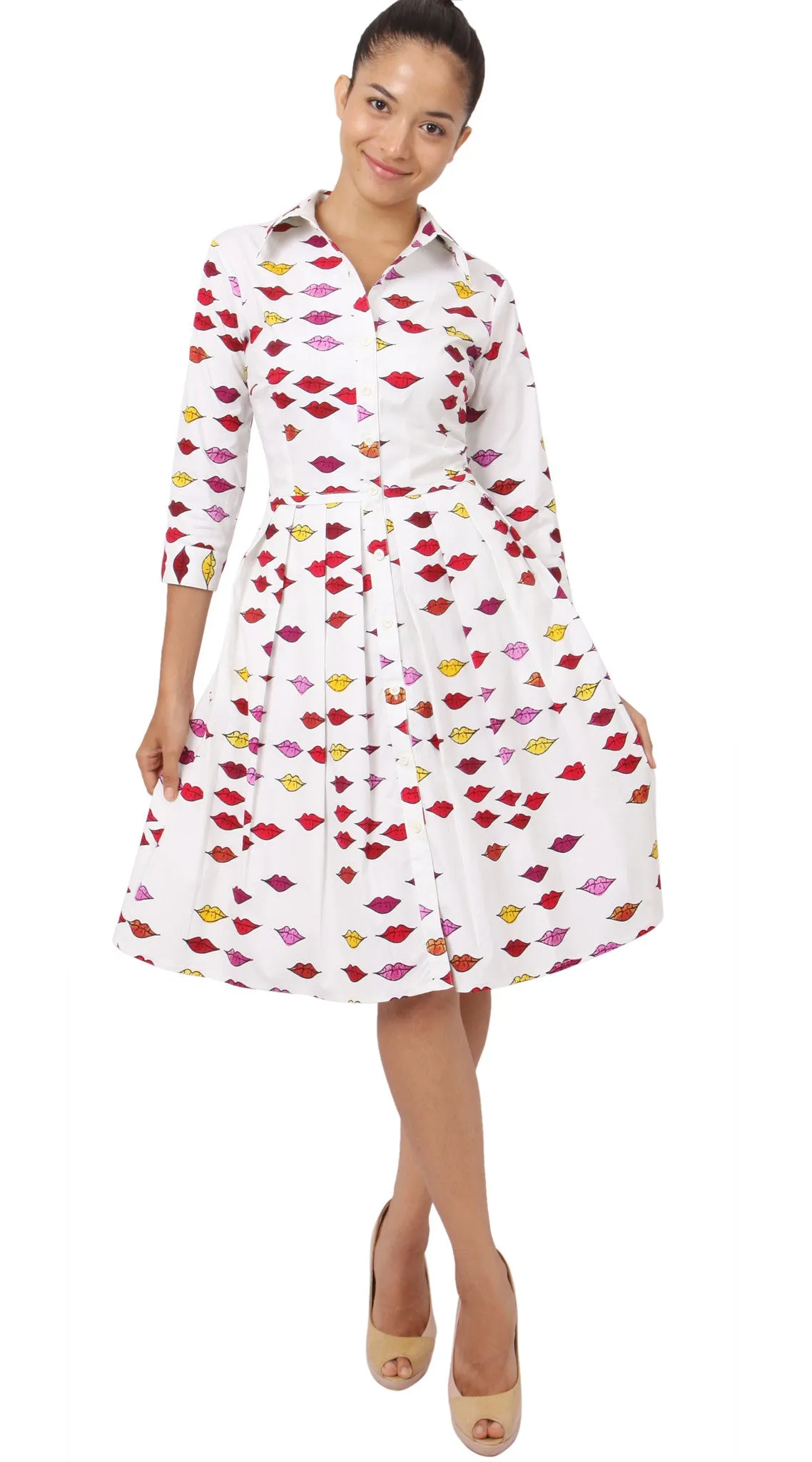 Audrey Dress Shirt Collar 3/4 Sleeve Regular Cotton Stretch (Warhole Lips)