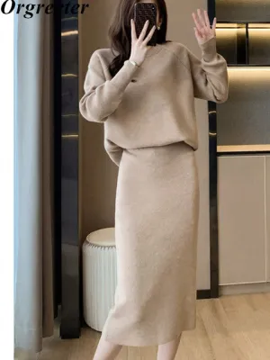 Autumn Winter Women's Knitted Skirt Suits 2-Piece Sets