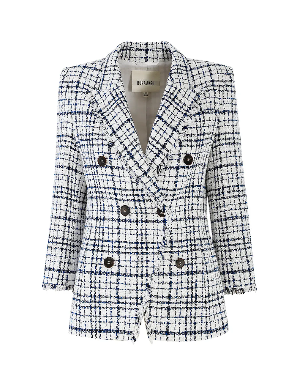 BORA AKSU Tartan Check Frayed Edge Double-Breasted Blazer