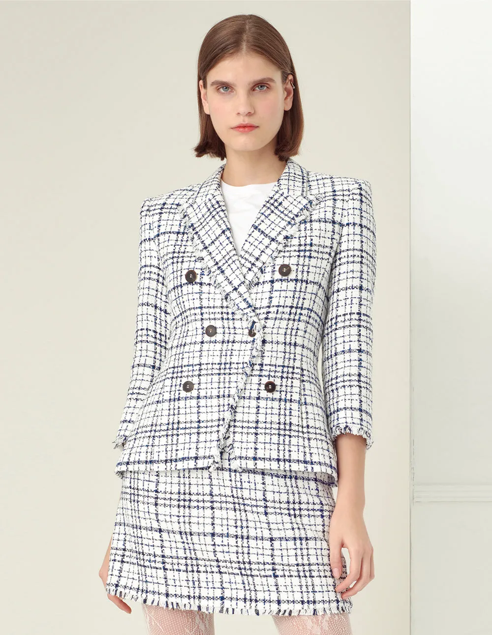 BORA AKSU Tartan Check Frayed Edge Double-Breasted Blazer