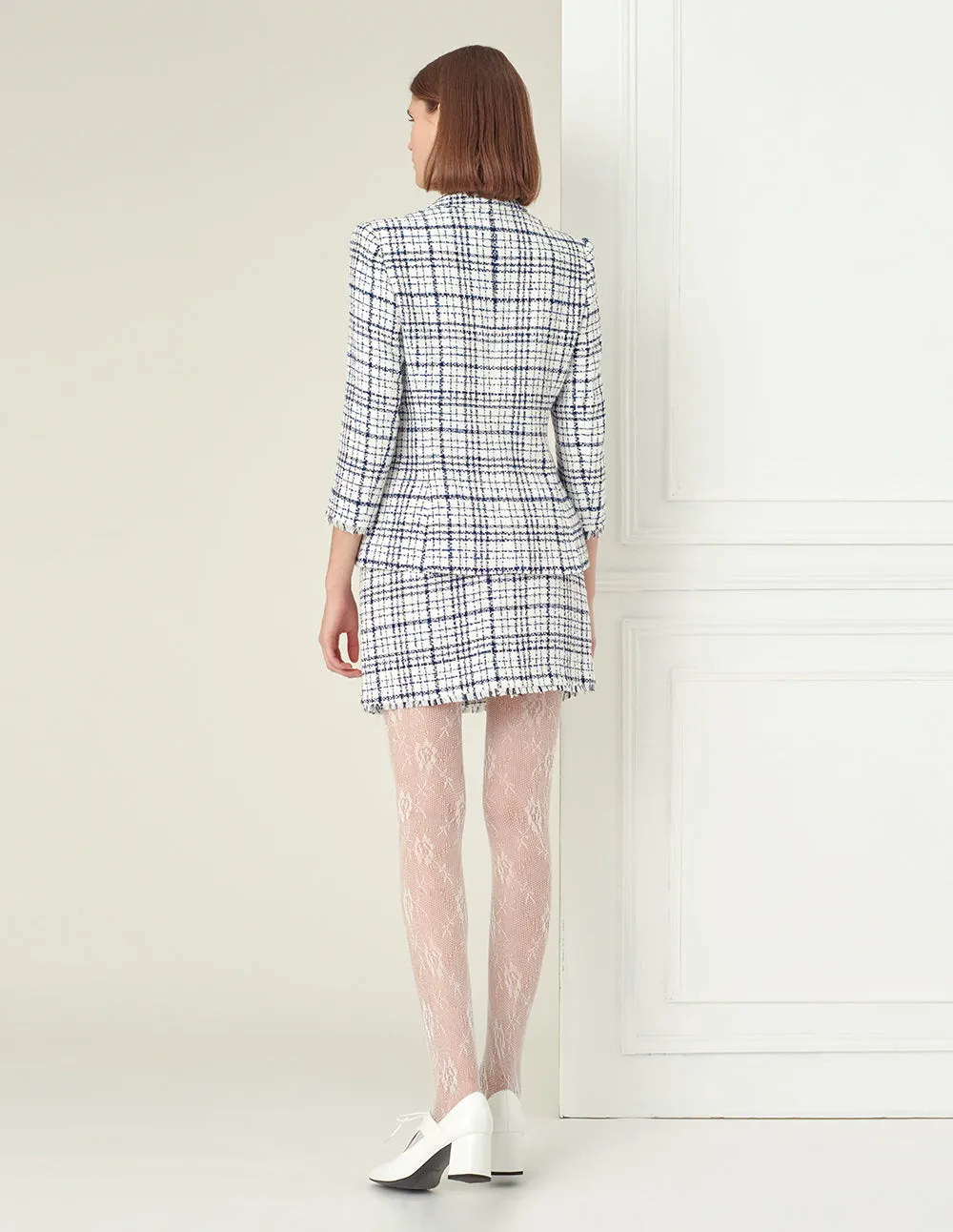 BORA AKSU Tartan Check Frayed Edge Double-Breasted Blazer