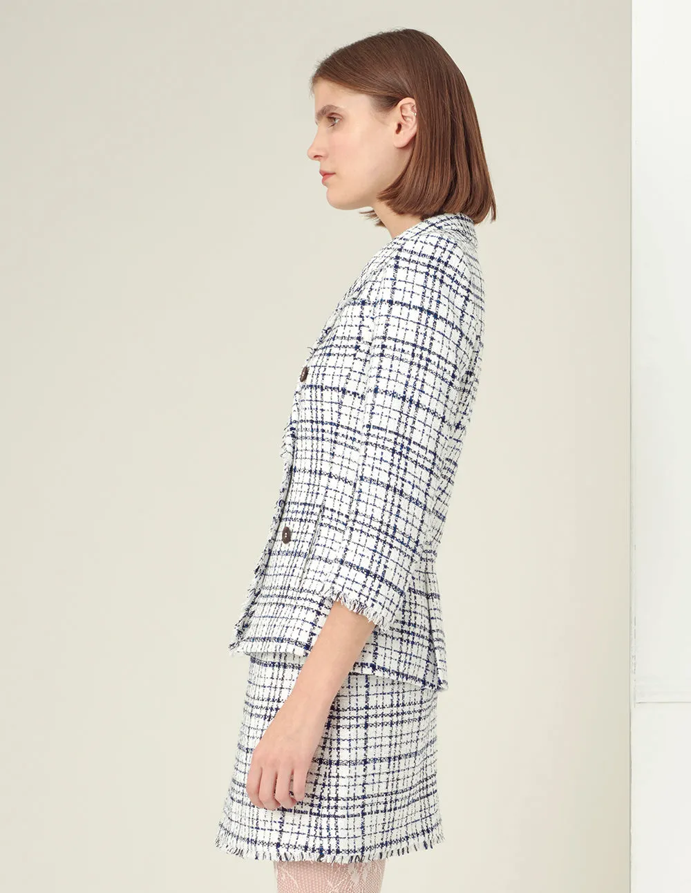 BORA AKSU Tartan Check Frayed Edge Double-Breasted Blazer