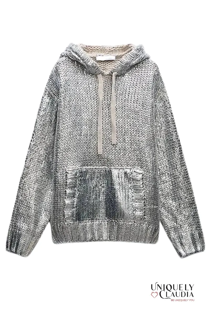 Casey Chic Metallic Foil Knit Hooded Sweater