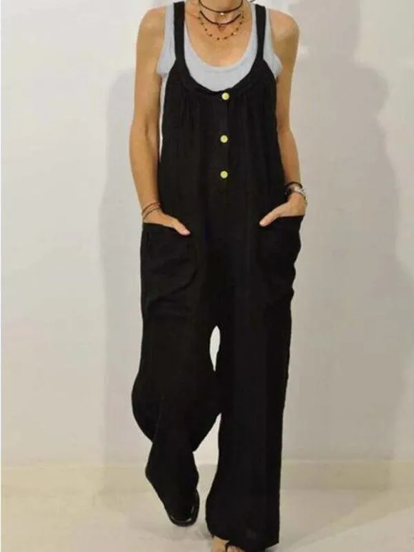 Chic Cotton Linen Jumpsuit with Pocket & Stretchy Waist - Perfect Casual Ensemble