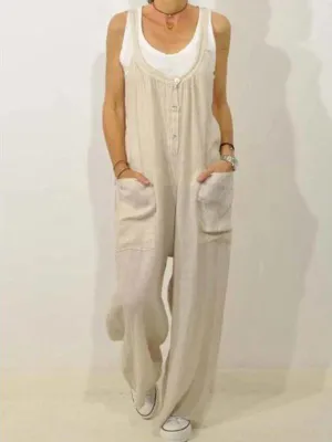 Chic Cotton Linen Jumpsuit with Pocket & Stretchy Waist - Perfect Casual Ensemble