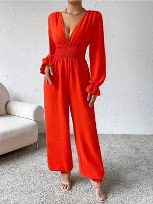 Chic Sheer Ruffled Sleeve Plunge Jumpsuit