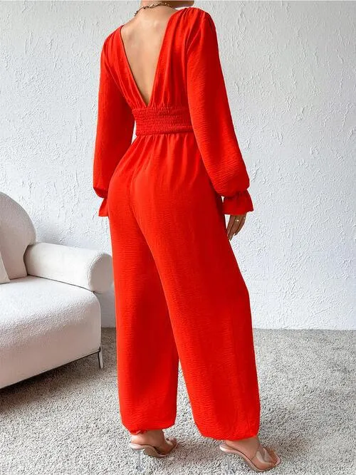 Chic Sheer Ruffled Sleeve Plunge Jumpsuit