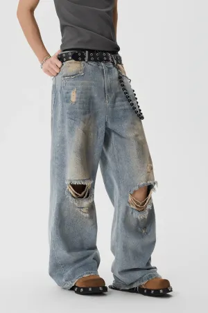 Dirty Dyed Baggy Jeans With Washed Holes