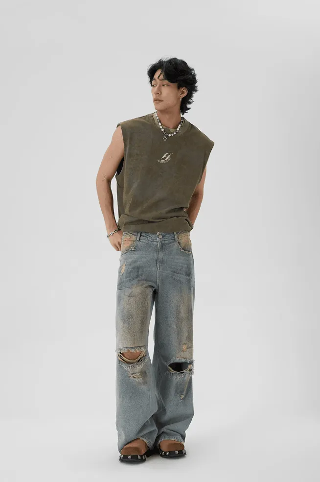 Dirty Dyed Baggy Jeans With Washed Holes