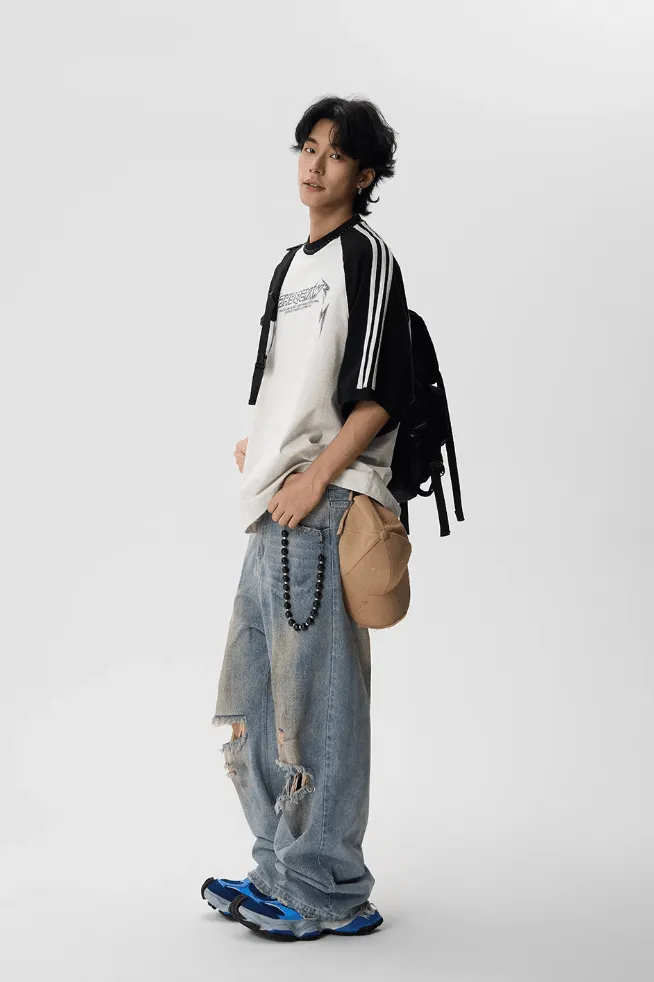 Dirty Dyed Baggy Jeans With Washed Holes