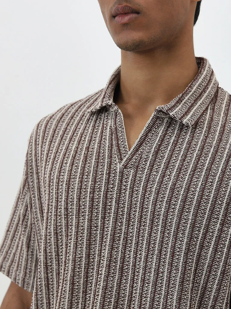 ETA Brown Stripe Patterned Relaxed-Fit Cotton Polo T-Shirt