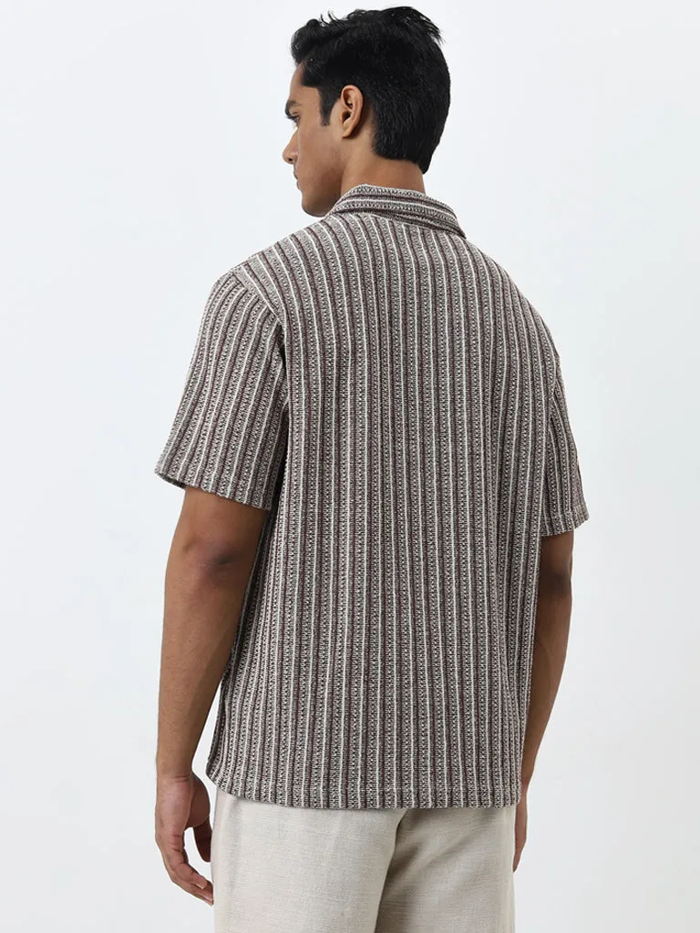 ETA Brown Stripe Patterned Relaxed-Fit Cotton Polo T-Shirt