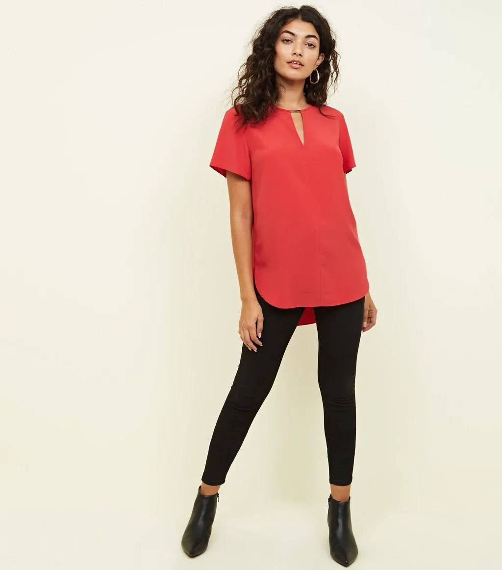 Ex Chainstore Red Metal Trim Choker Neck Sleeveless Top