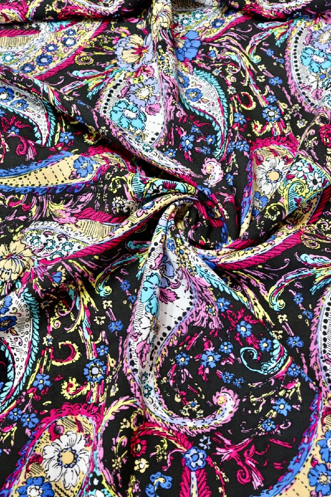 Fuchsia Paisley on Black Rayon Challis