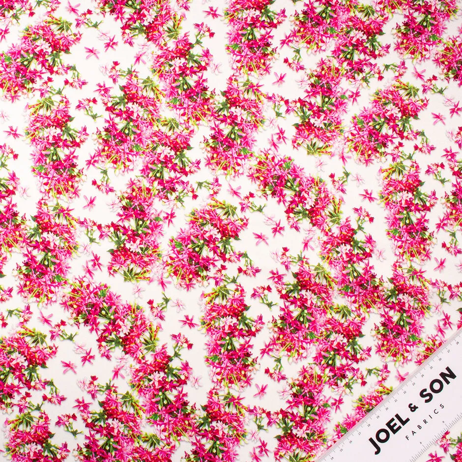 Fuchsia Pink Floral Printed White Double Silk Satin Crêpe