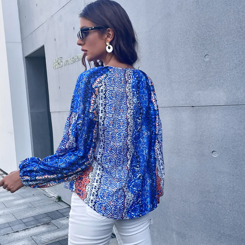 Graphic Lantern Sleeve Blouse Wholesale Women Clothing
