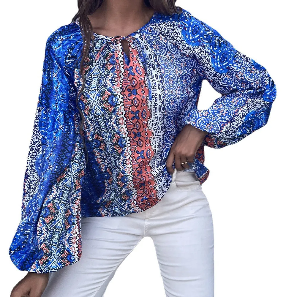 Graphic Lantern Sleeve Blouse Wholesale Women Clothing