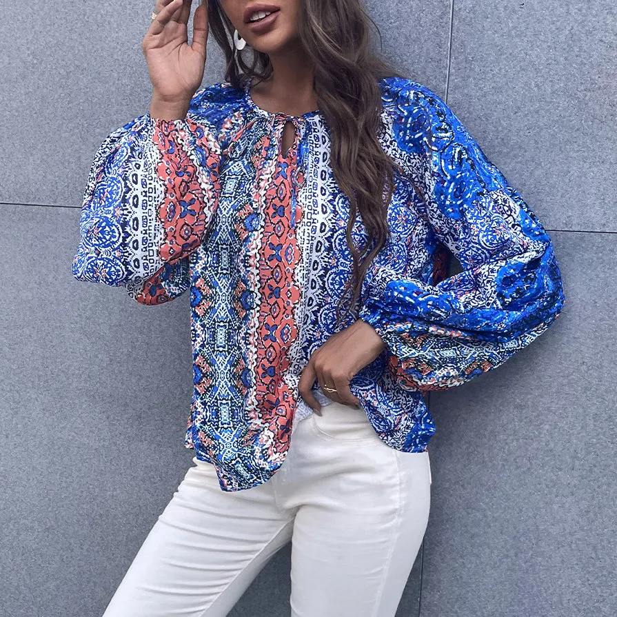 Graphic Lantern Sleeve Blouse Wholesale Women Clothing
