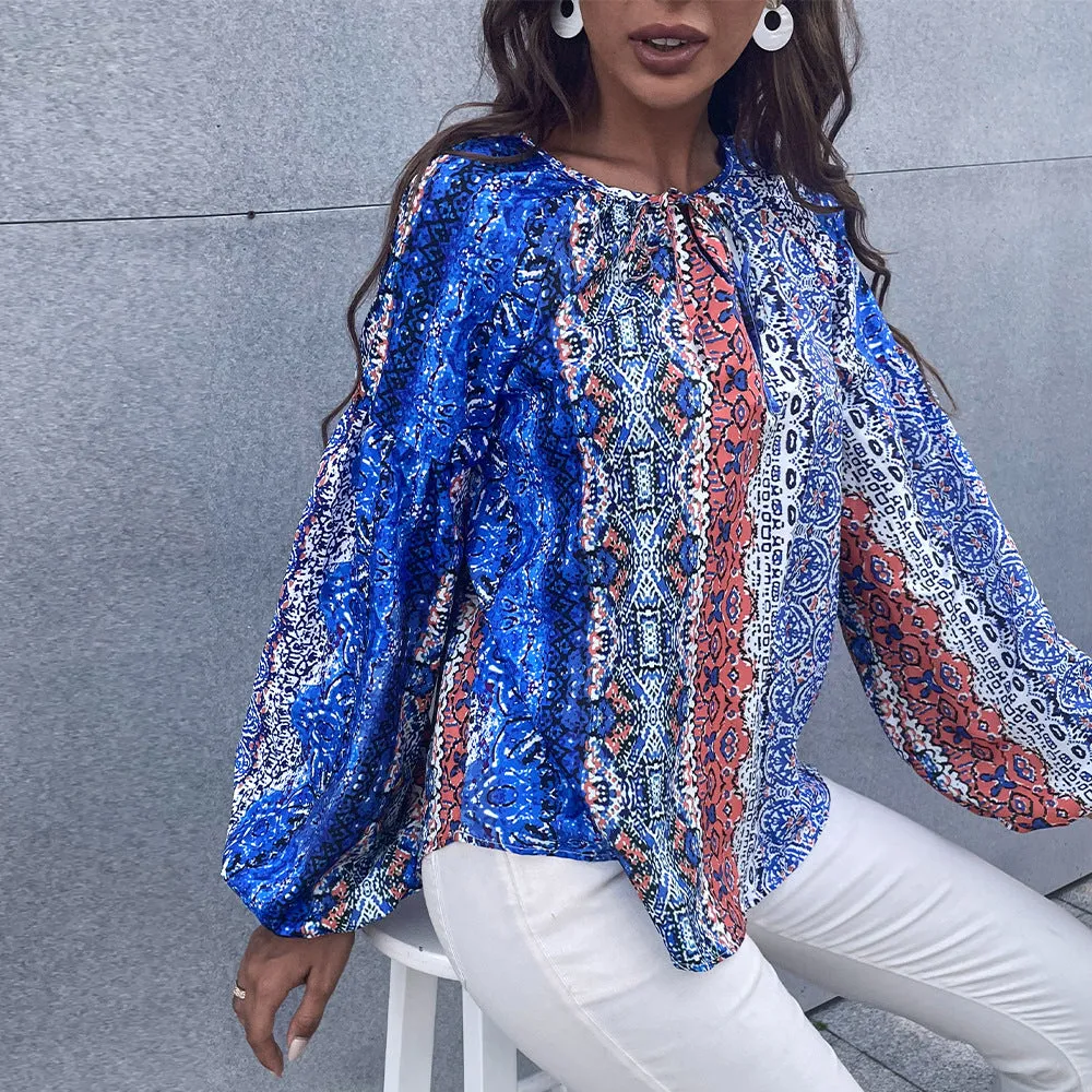 Graphic Lantern Sleeve Blouse Wholesale Women Clothing