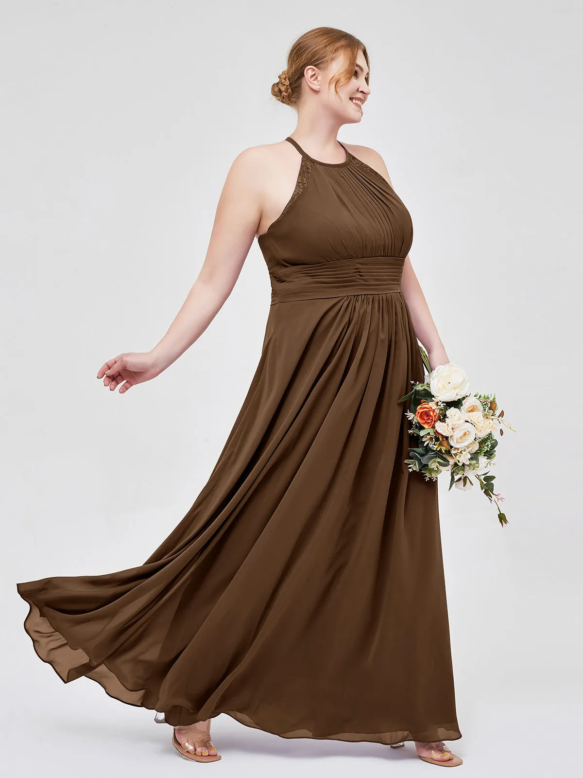 Halter Chiffon Long Gown With Lace Strap Brown