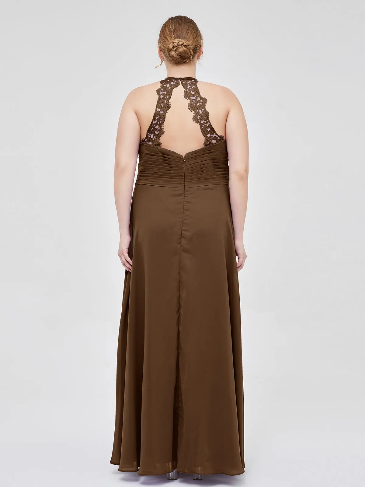 Halter Chiffon Long Gown With Lace Strap Brown