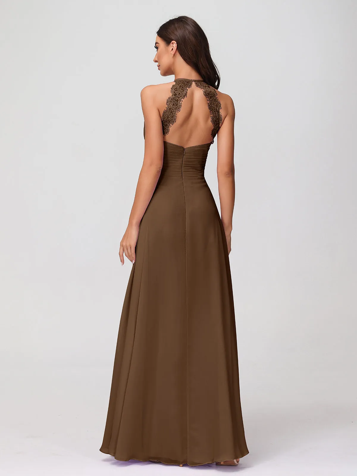 Halter Chiffon Long Gown With Lace Strap Brown