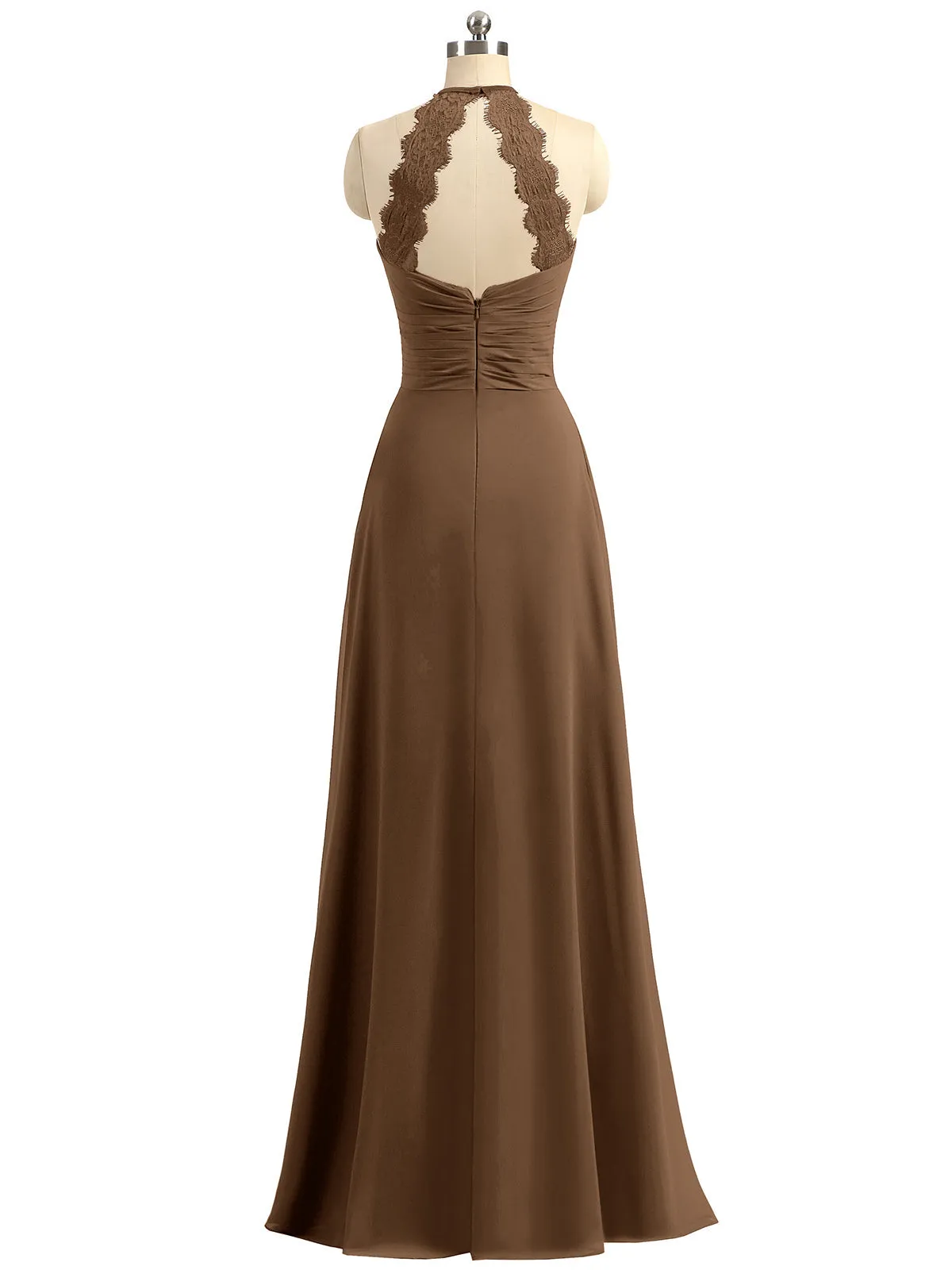 Halter Chiffon Long Gown With Lace Strap Brown
