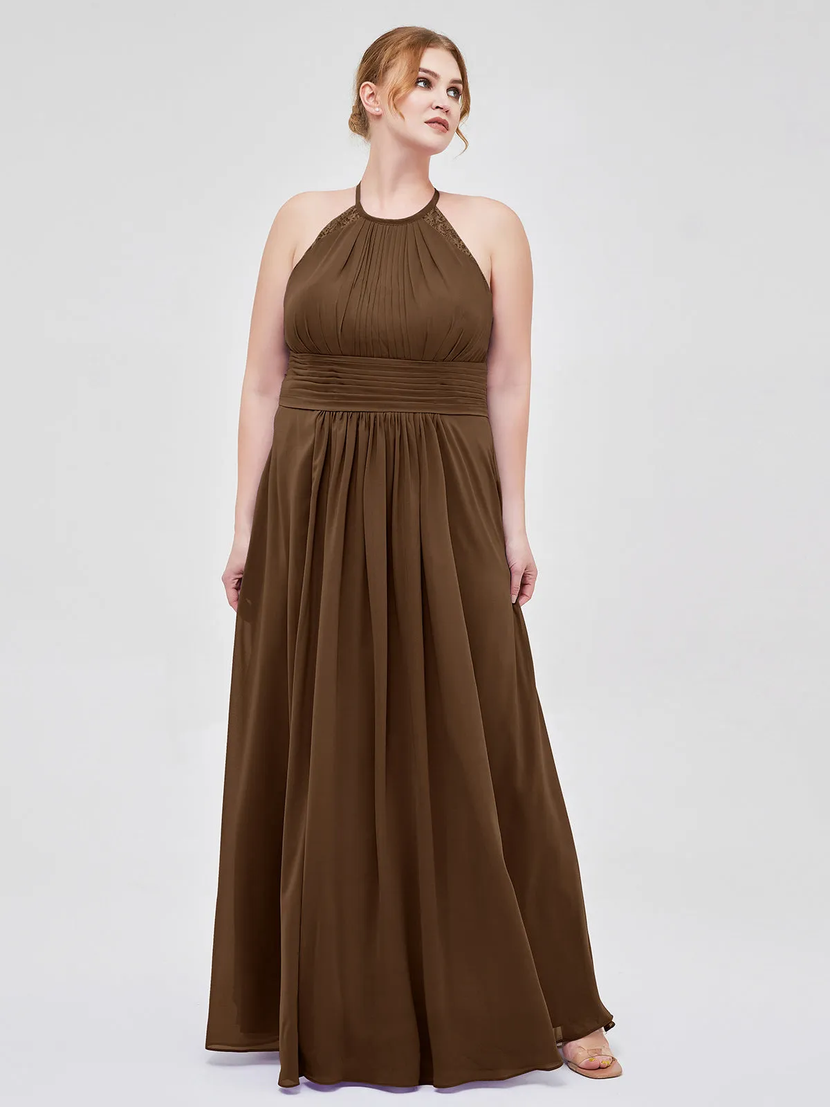 Halter Chiffon Long Gown With Lace Strap Brown