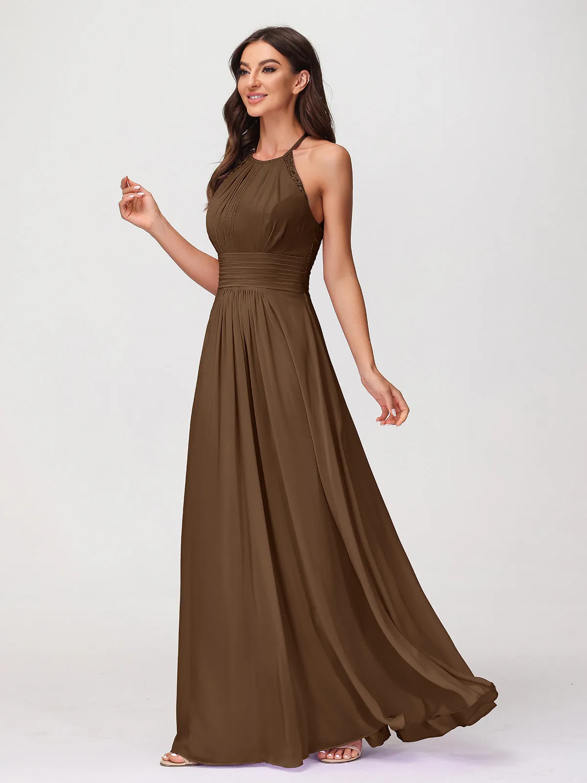 Halter Chiffon Long Gown With Lace Strap Brown