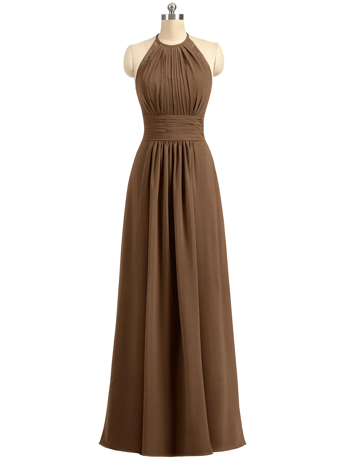 Halter Chiffon Long Gown With Lace Strap Brown
