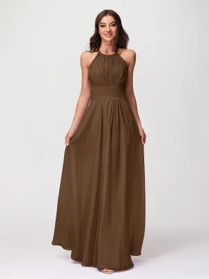 Halter Chiffon Long Gown With Lace Strap Brown