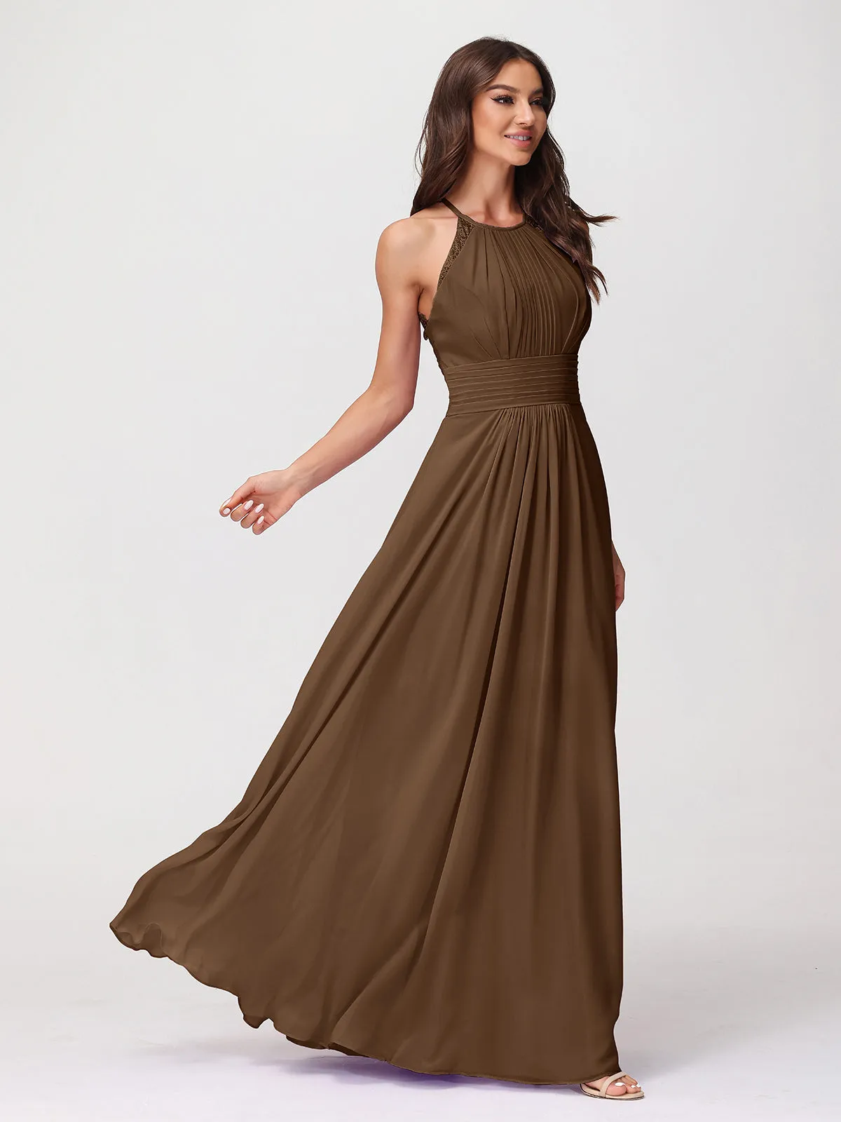 Halter Chiffon Long Gown With Lace Strap Brown