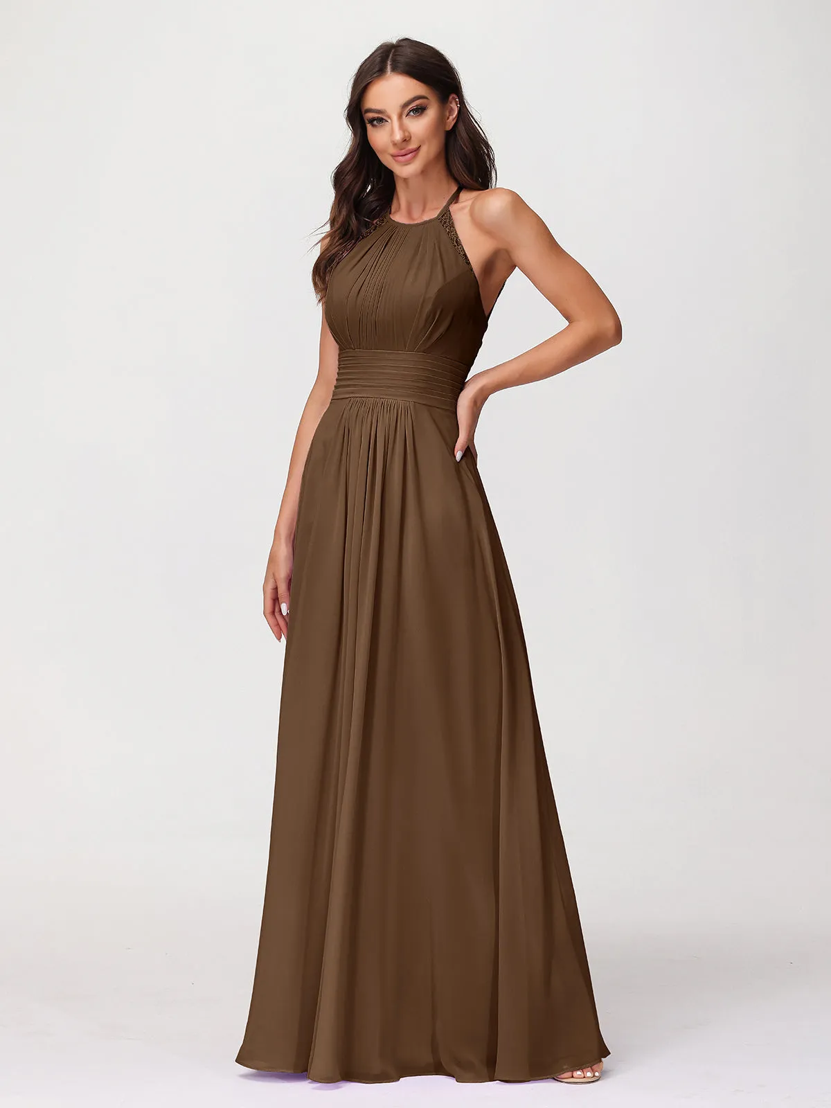 Halter Chiffon Long Gown With Lace Strap Brown