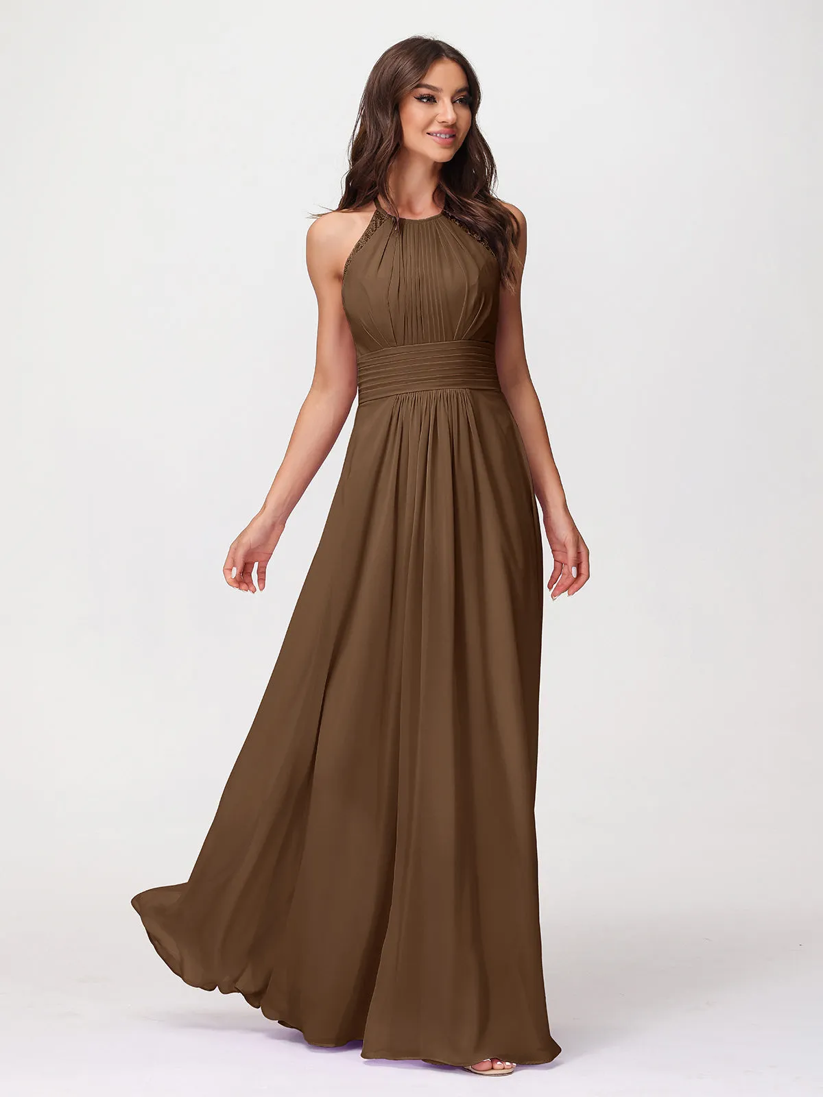 Halter Chiffon Long Gown With Lace Strap Brown