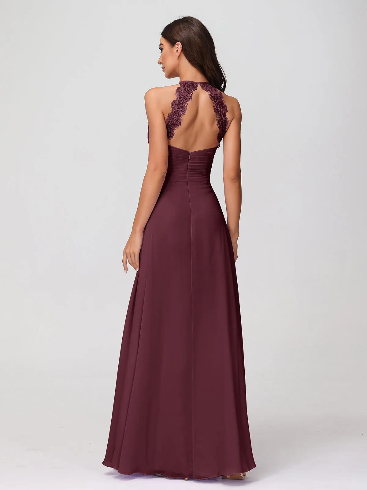 Halter Chiffon Long Gown With Lace Strap Cabernet