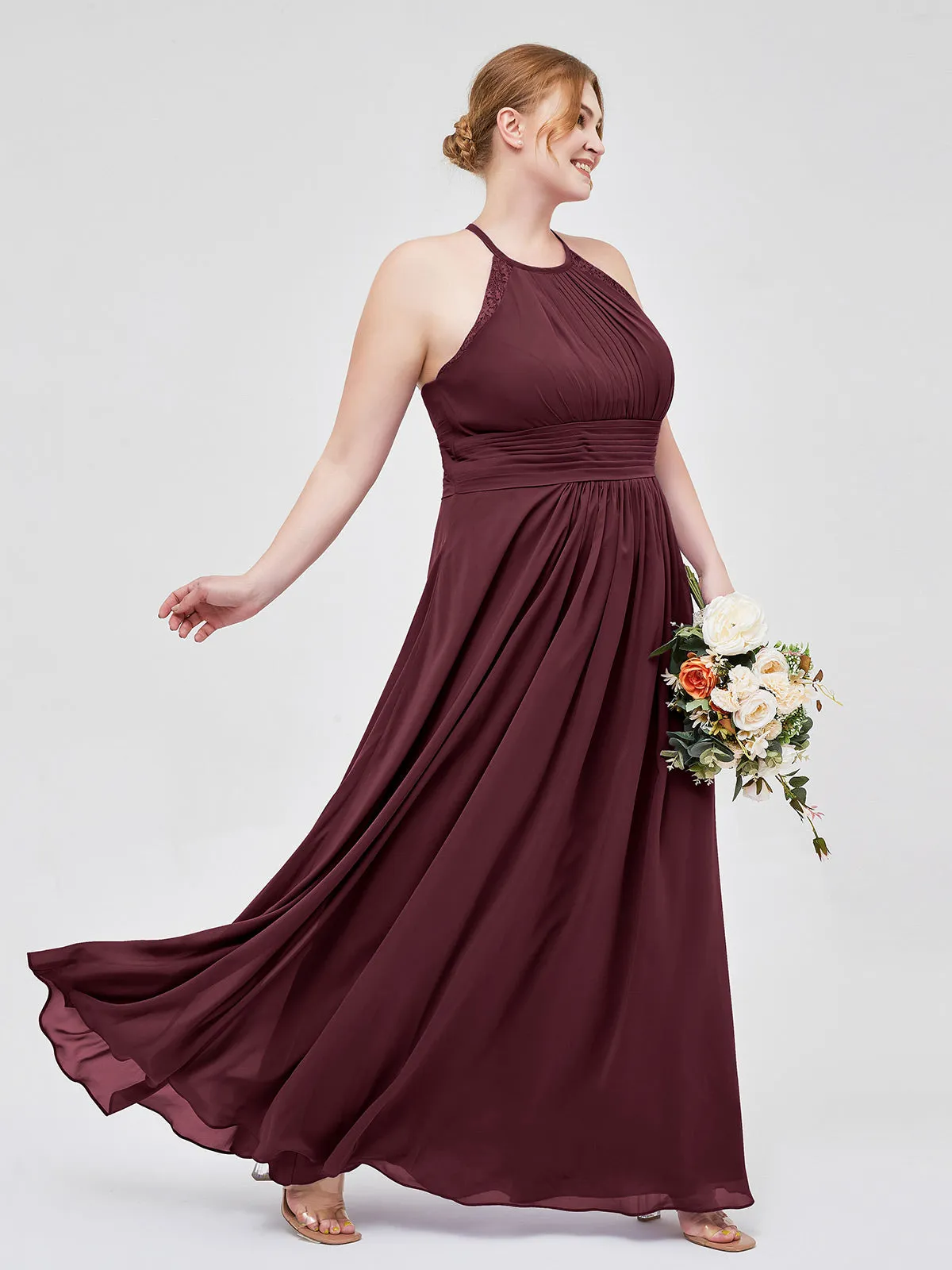 Halter Chiffon Long Gown With Lace Strap Cabernet