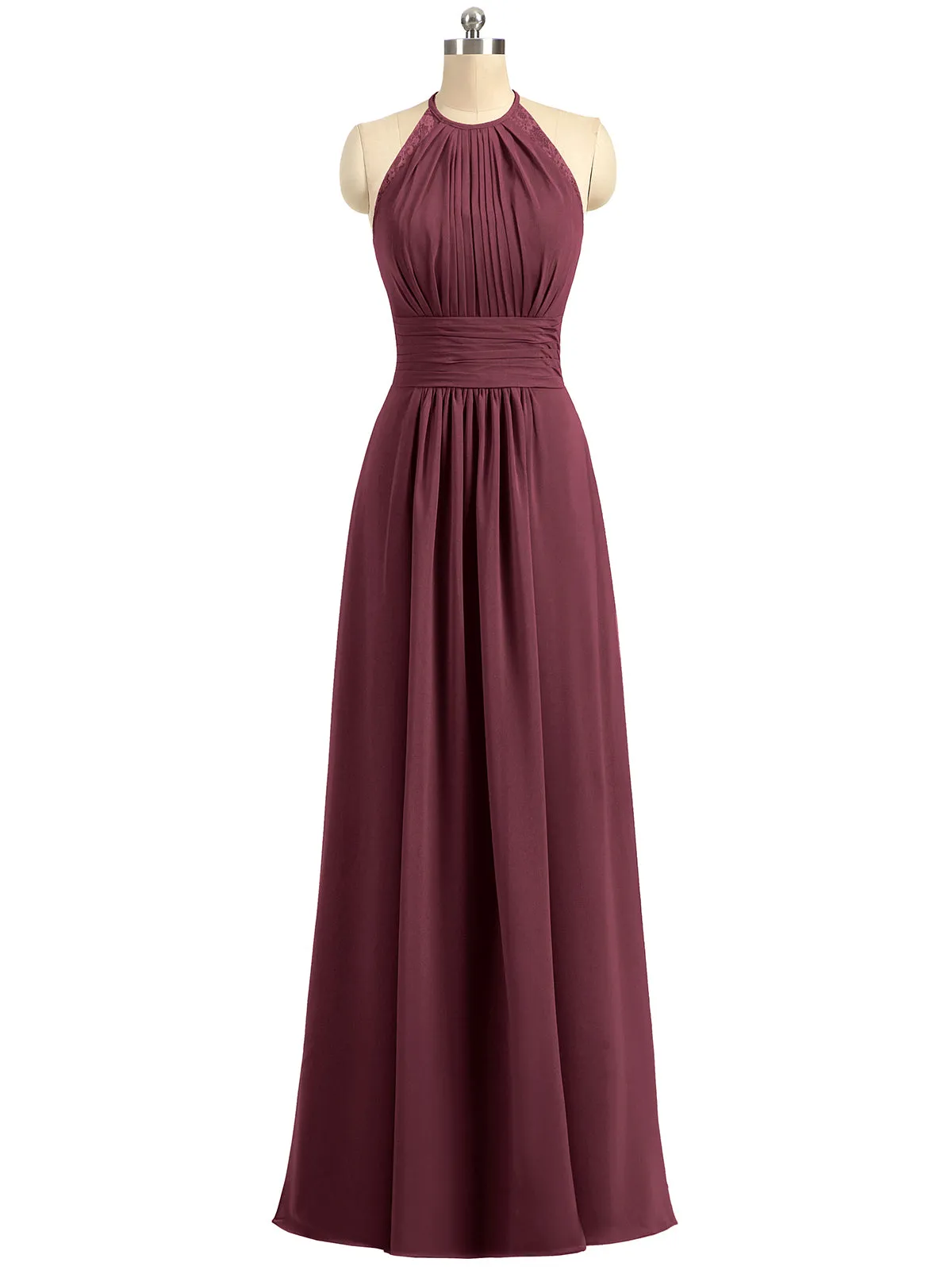 Halter Chiffon Long Gown With Lace Strap Cabernet