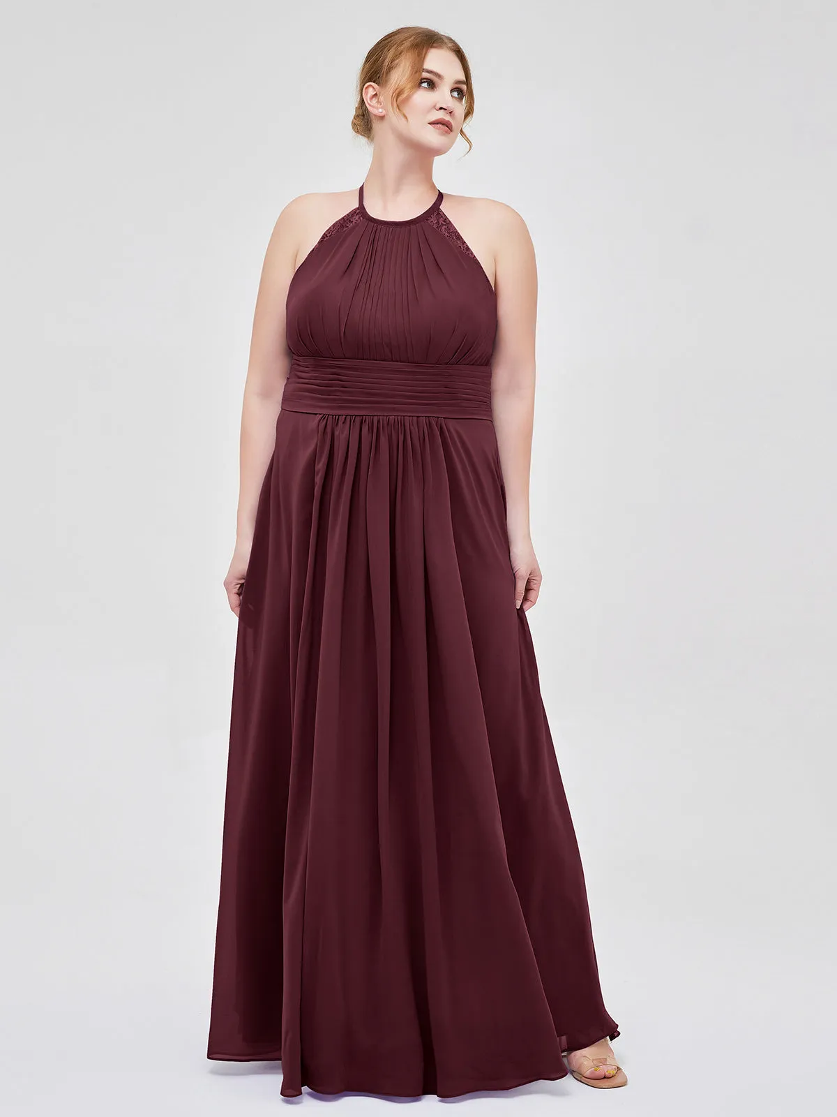 Halter Chiffon Long Gown With Lace Strap Cabernet