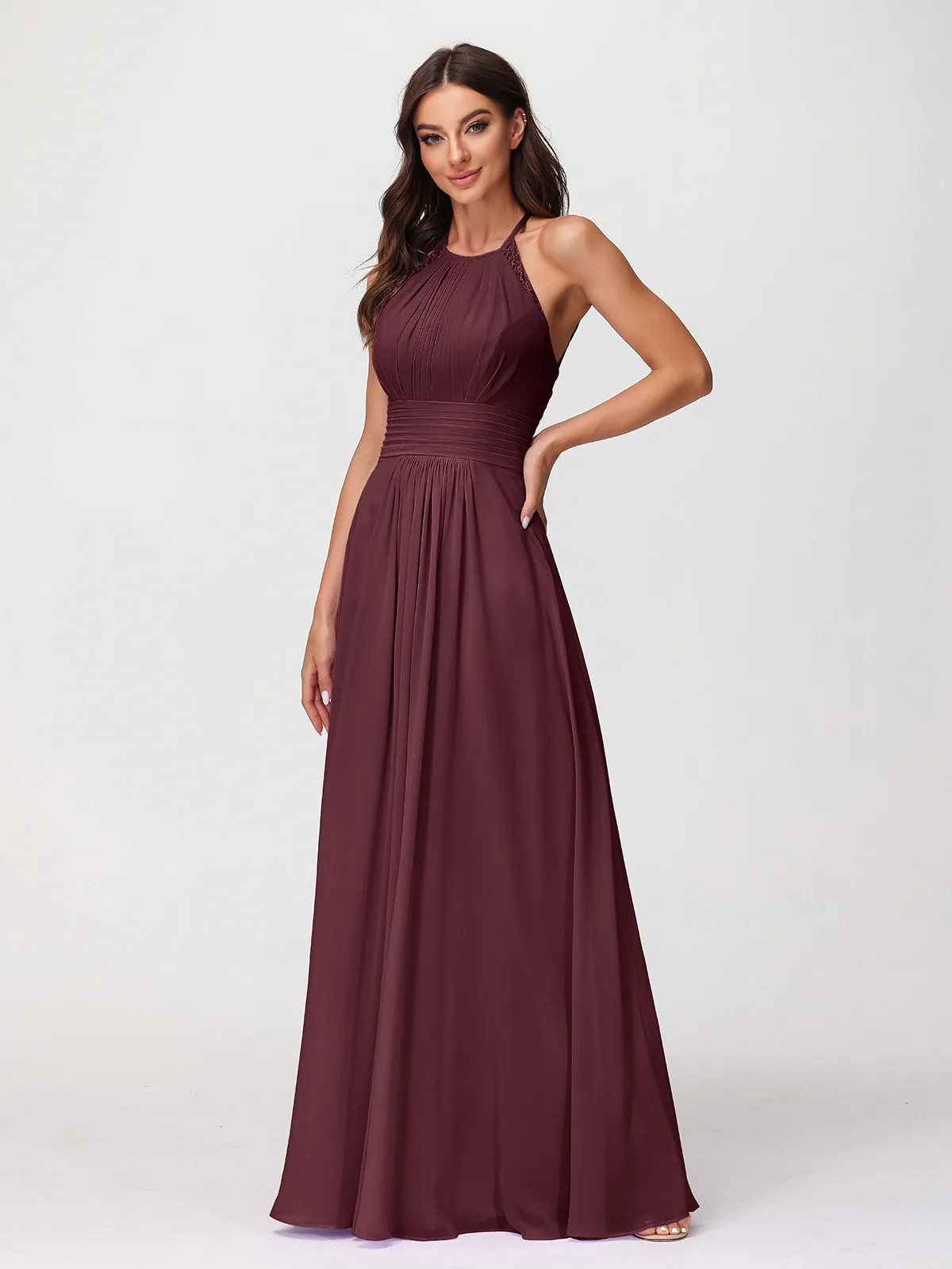 Halter Chiffon Long Gown With Lace Strap Cabernet