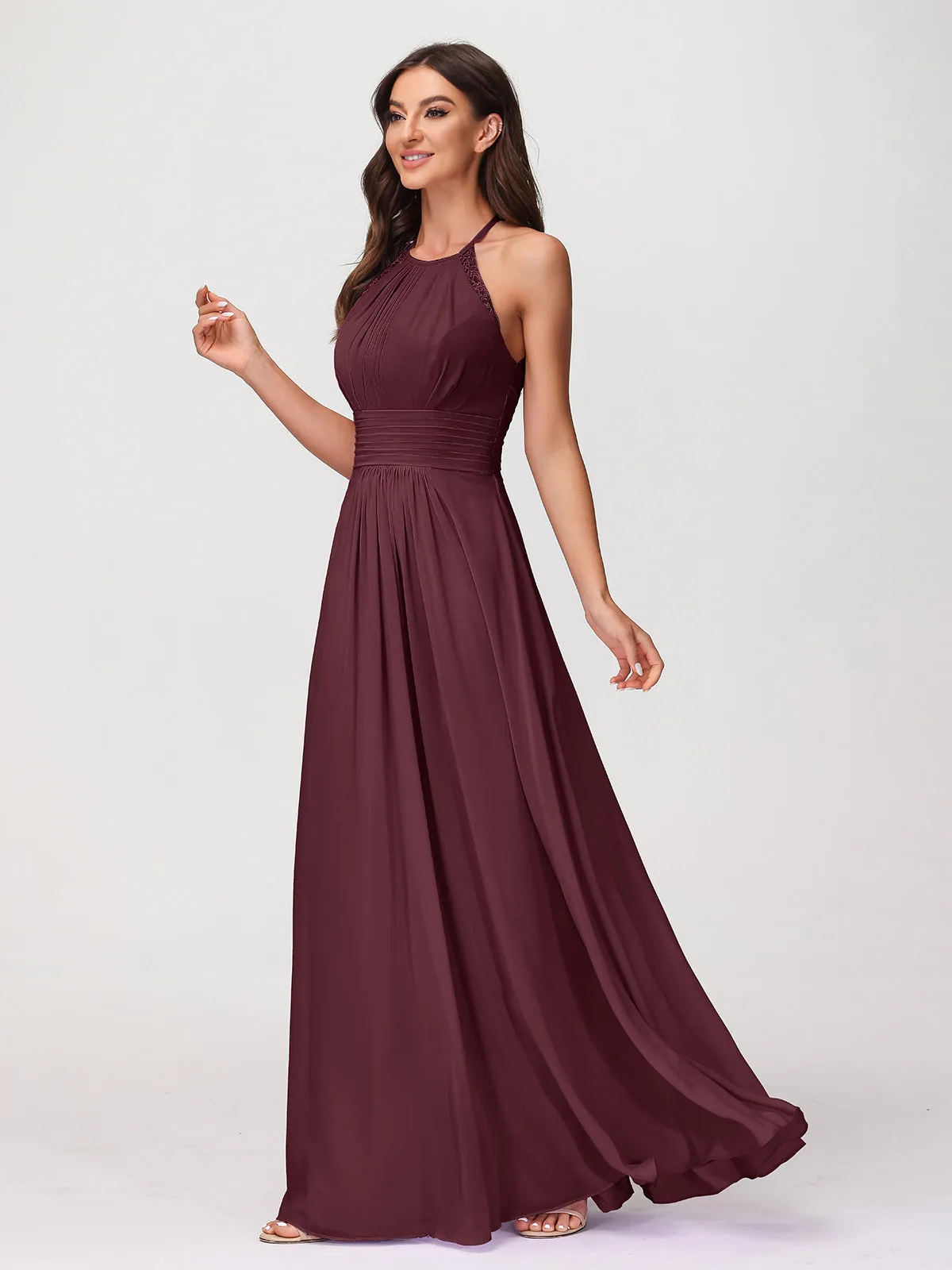 Halter Chiffon Long Gown With Lace Strap Cabernet