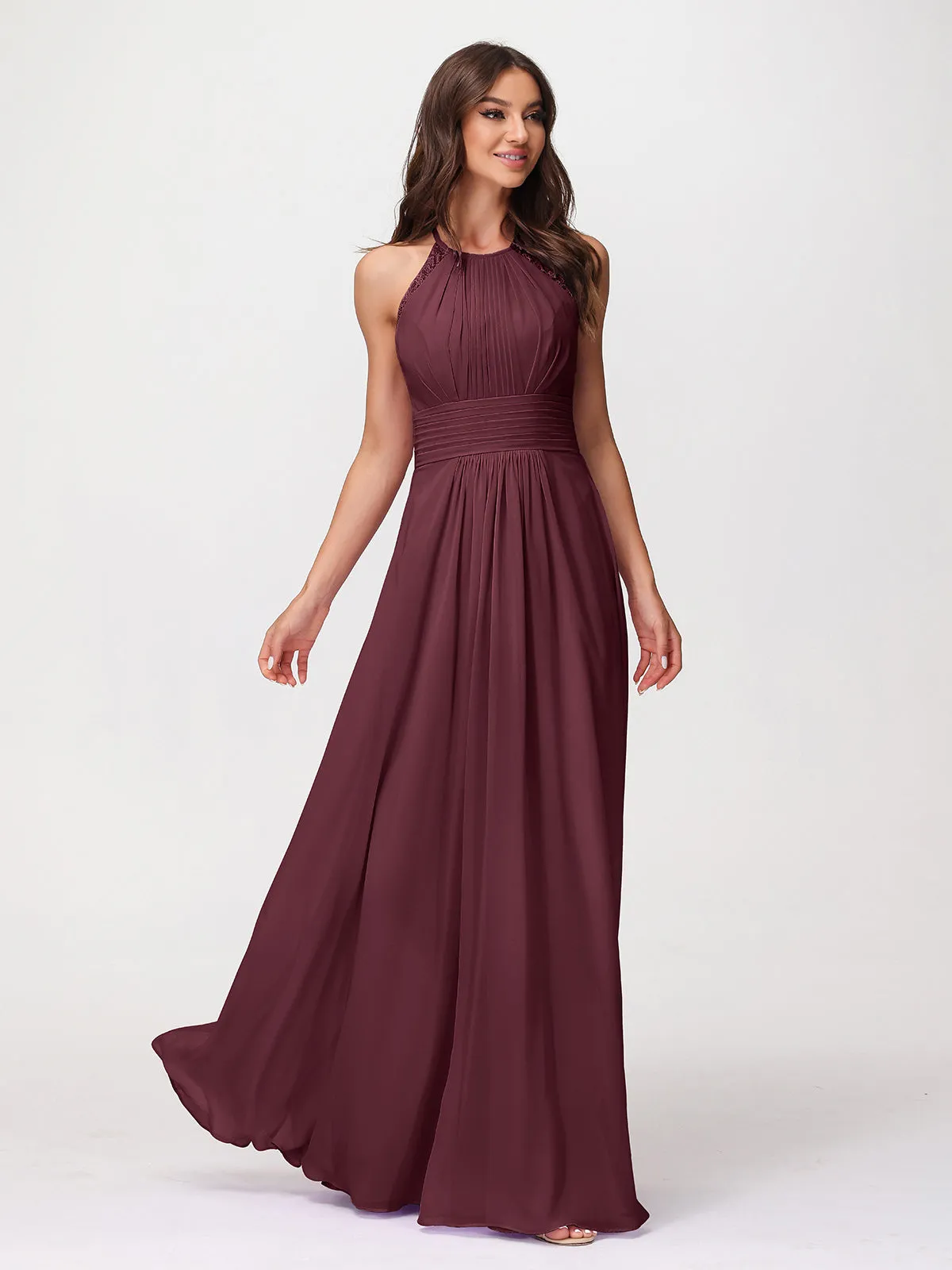 Halter Chiffon Long Gown With Lace Strap Cabernet